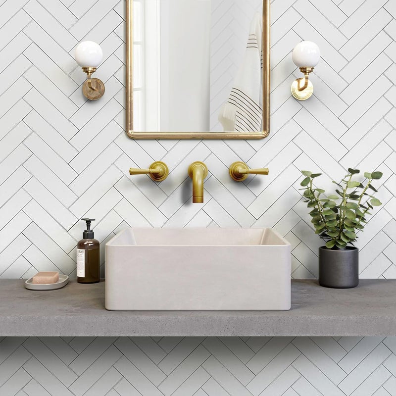 Decopus Peel and Stick Subway Tile Backsplash (Luxury Stone Composite - Ceramic White 2.5" x10"Brick x 42 pcs) for Kitchen, Bathroom, Accent Wall - Tile for Remodelling - Image 3